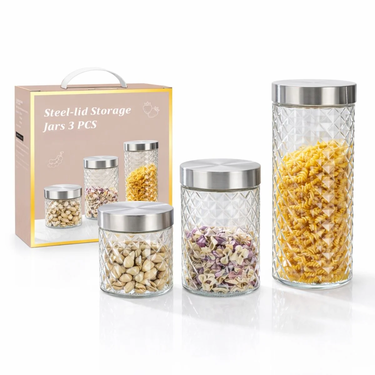 Recipientes Redondos Vidrio Herméticos Con Tapa De Acero Inoxidable (Set De 3 Piezas). Envases Para Cocina. Frascos De Almacenamiento De Alimentos Secos