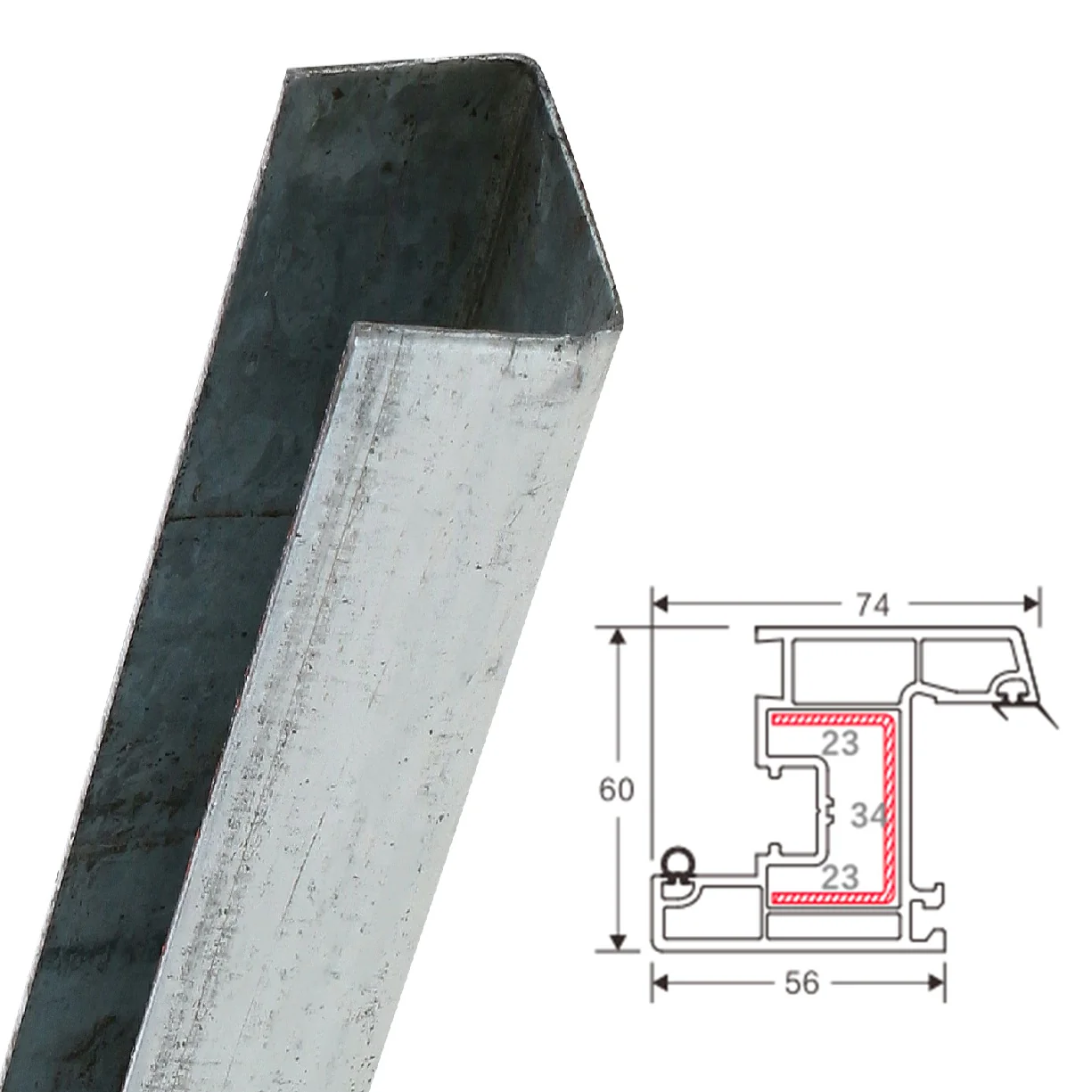Refuerzo De Acero 1.2Mm Perfil "U" 23X34x23mm Para Hoja De Ventana Serie Abatible Upview 60Mm HAT002 5.9M
