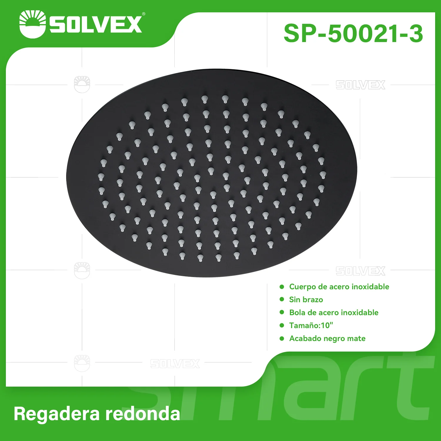 Regadera Para Ducha Redonda 10". Cabezal De Acero Inoxidable Con Acabado Negro Mate.