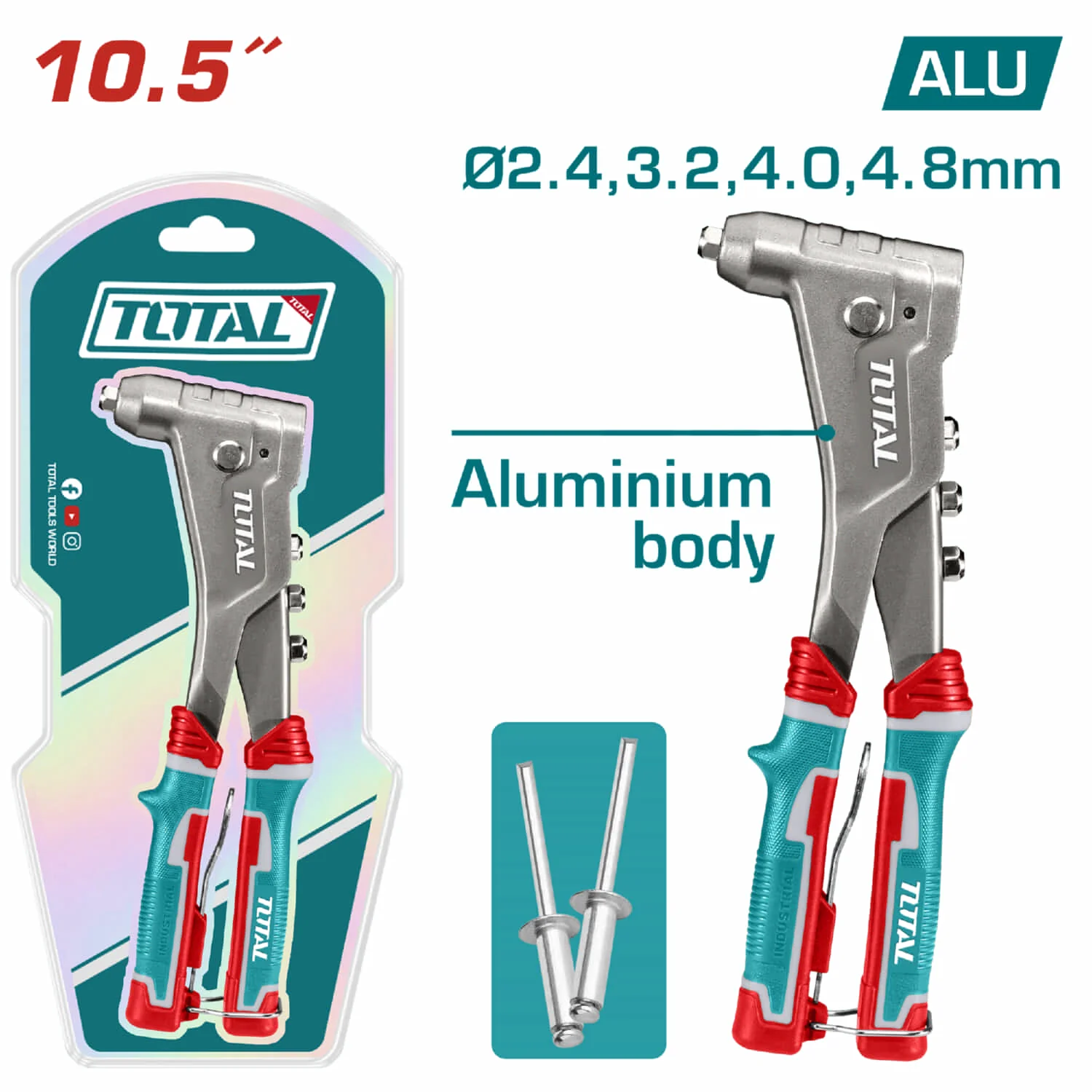 Remachadora Manual 10.5" Cuerpo De Aluminio.Compatible Con Remaches De 2.4Mm, 3.2Mm,4Mm,4.8Mm