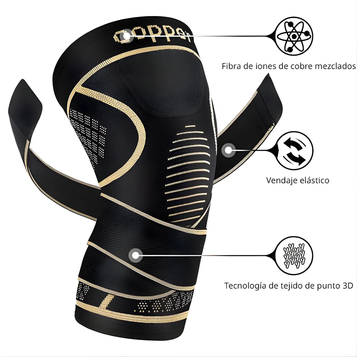 Rodillera Deportiva Con Tiras Ajustables Y Compresión 360°. Soporte Para Rodilla Con Cobre Iones. Talla M (Unidad). - Image 3