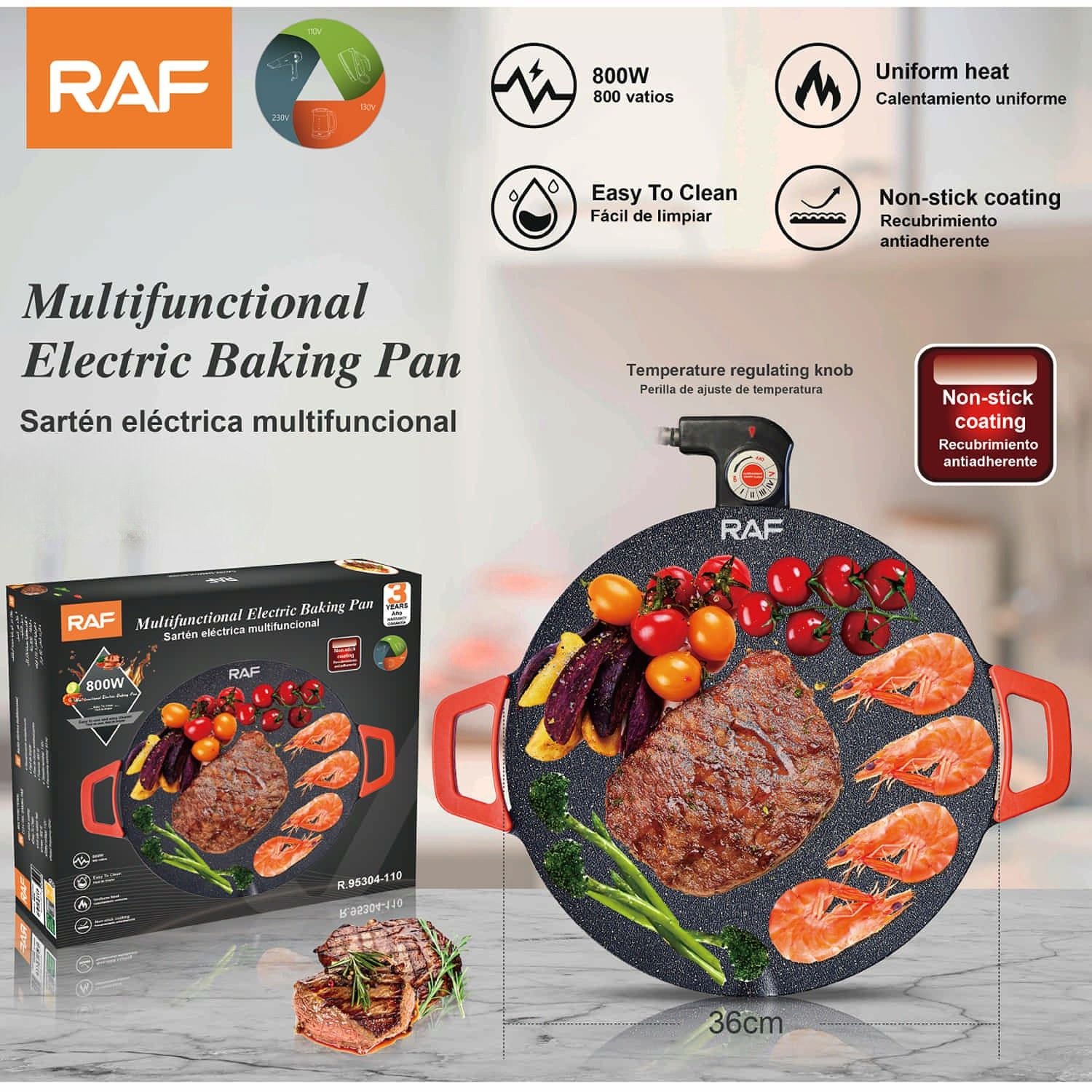 Sartén Eléctrico Multifuncional 800W Con Antiadherente Y Control De Temperatura 110V/60 Hz. Sarten Plancha