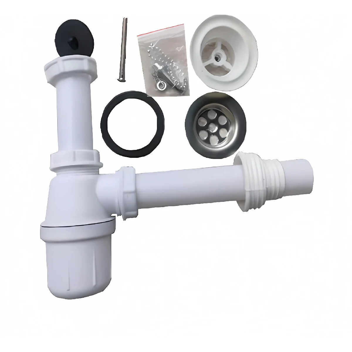 Tubo De Desague Para Lavamanos, Fregadero, Lavaplatos Sifon Plástico Con Desagüe Blanco 1 1/4" Con Tapón Suave Para Cambiar A 1 1/2" NESSATI Se Vende En Kit