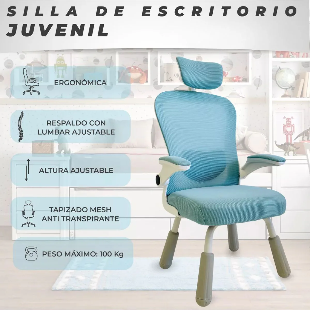Silla Ergonómica De Escritorio De 4 Patas, Asiento Reclinable, Cómoda Silla De Computadora, Color Blanco Y Azul Para Escritorio Para Niños. - Image 4