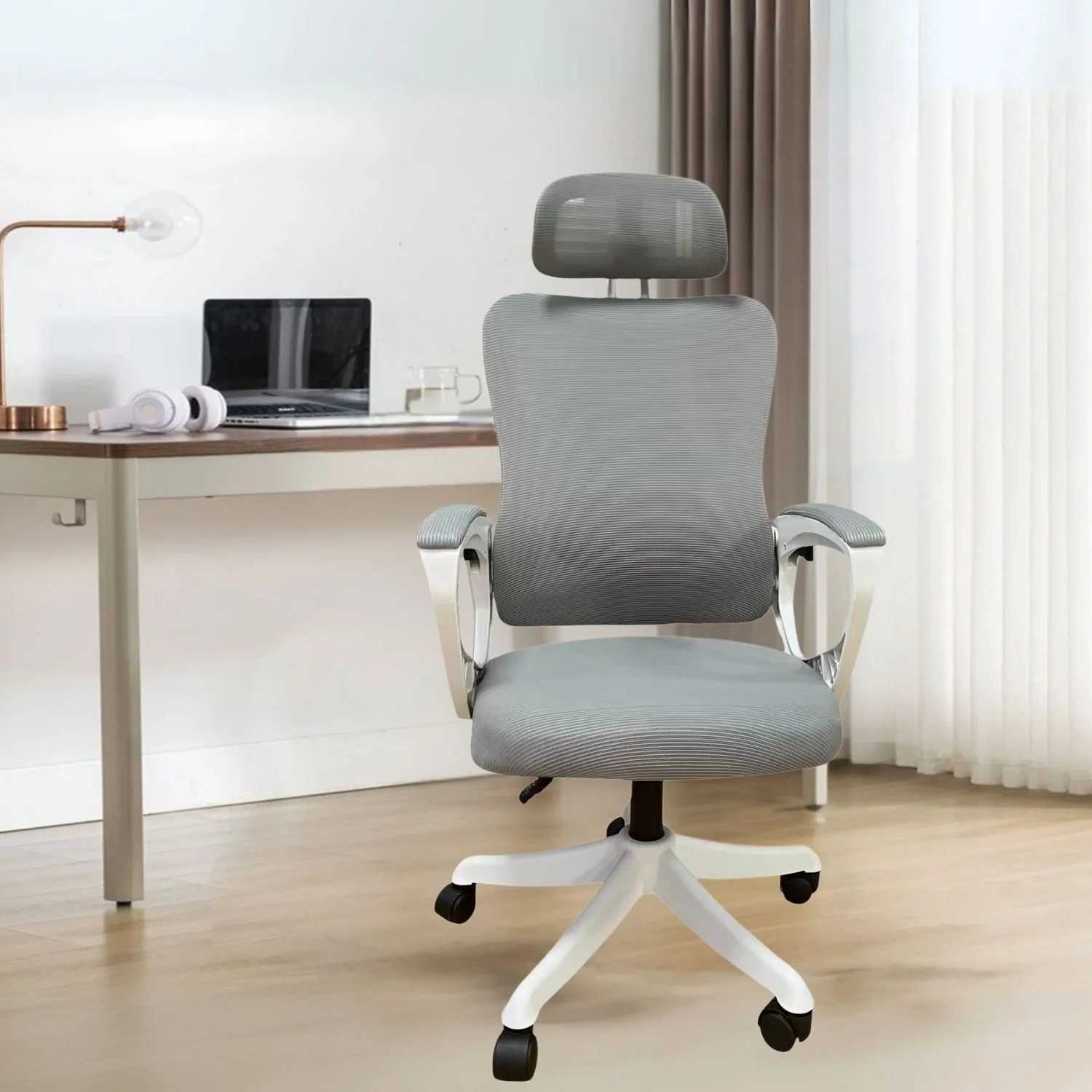 Silla De Oficina Ergonómica Gris Con Respaldo De Malla Y Apoyabrazos Ajustables Sin Reposapiés. Cómoda Silla De Computadora Para Escritorio. - Image 2