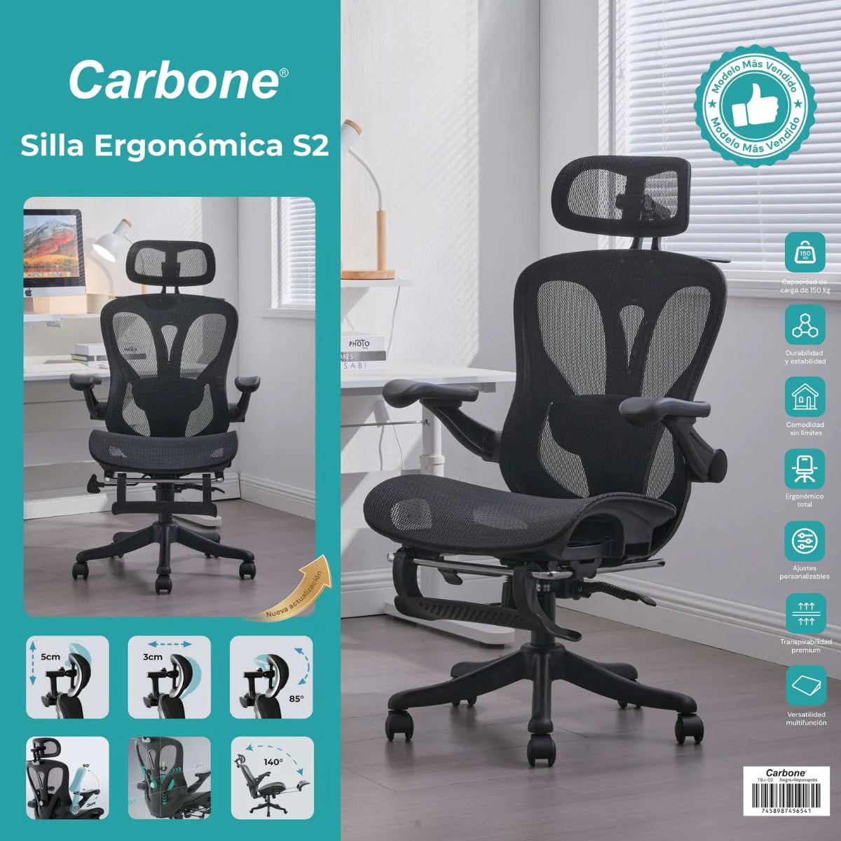 Silla Ergonómica De Oficina Con Reposapiés Y Reposacabezas, Respaldo Reclinable Y Asiento Anatómico. Silla De Escritorio Con Malla Transpirable. Color Negro
