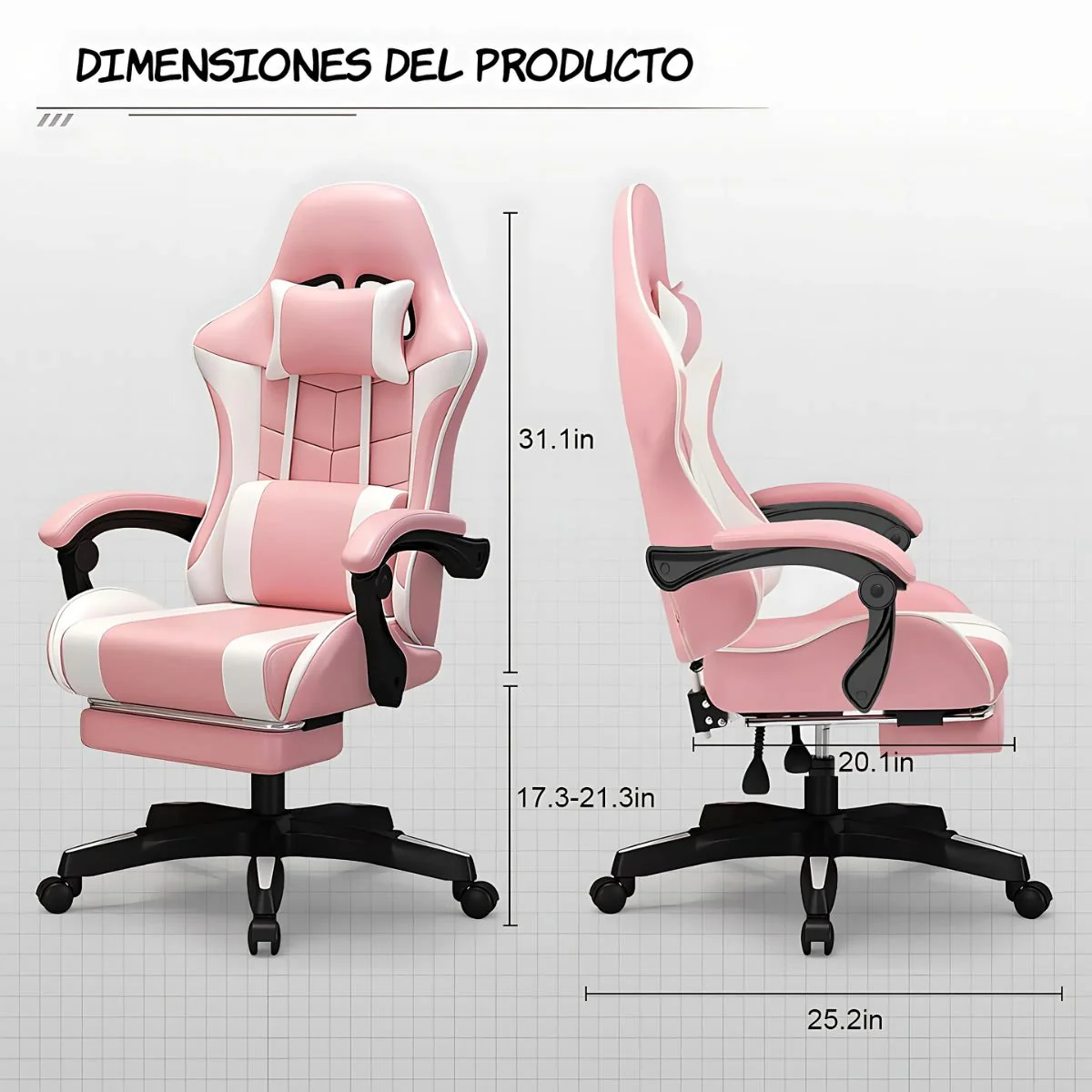 Silla Gamer Ergonómica Rosa. Silla De Oficina Con Respaldar Reclinable 135°. Cojines De Apoyo Y Reposabrazos Articulados. - Image 5