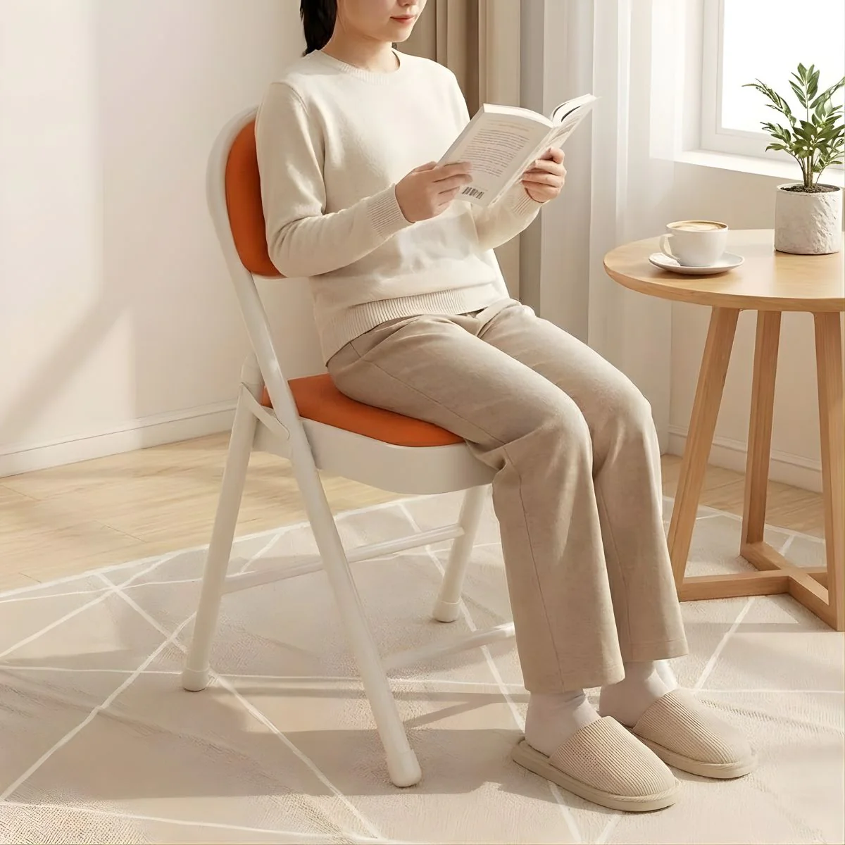 Silla Metálica Plegable Reforzada En Acero (79×45×45Cm). Marco Blanco Y Asiento Naranja. Esponja De Doble Capa Y Malla Textil Transpirable. - Image 2