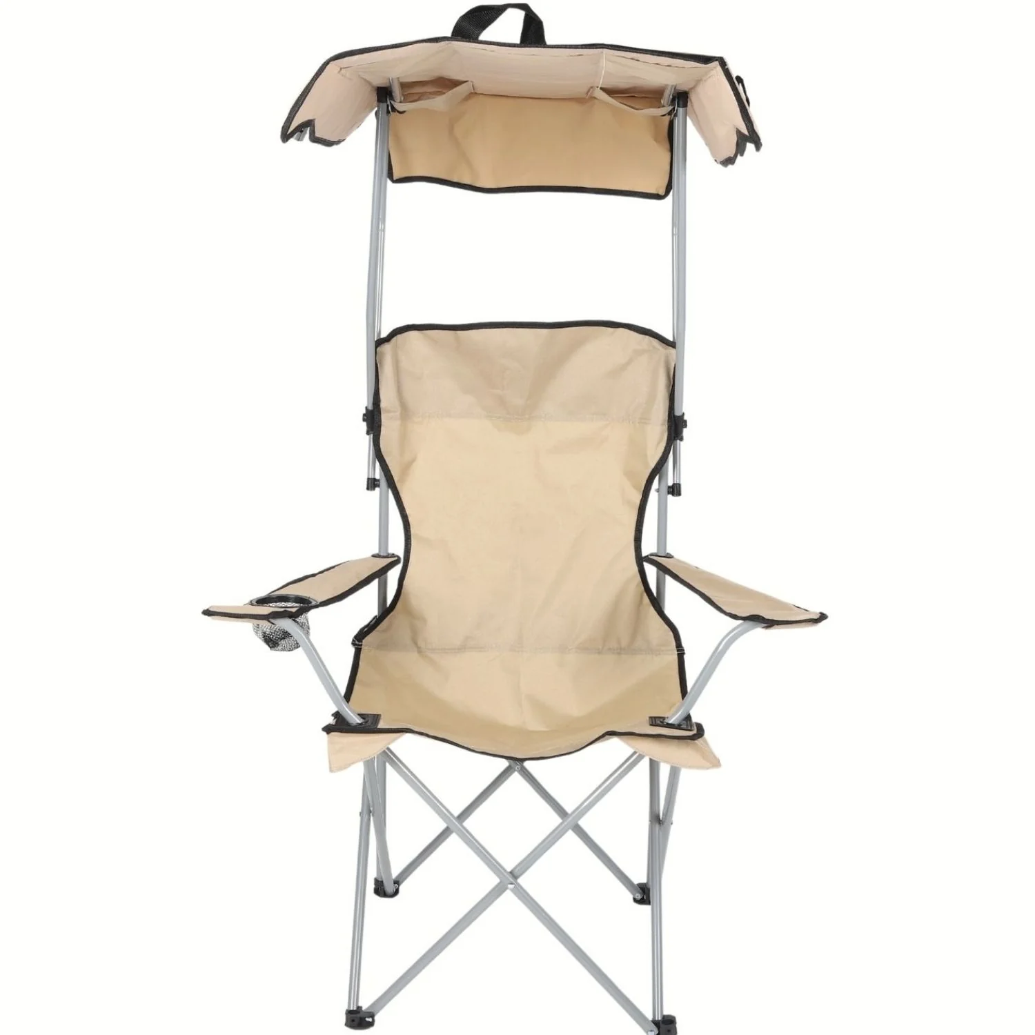 Silla Plegable Color Beige De 52X52x127cm Con Portavasos Y Techo Tela Oxford Y Soportes De Acero. Ideal Para Camping, Playera Y Jardín.