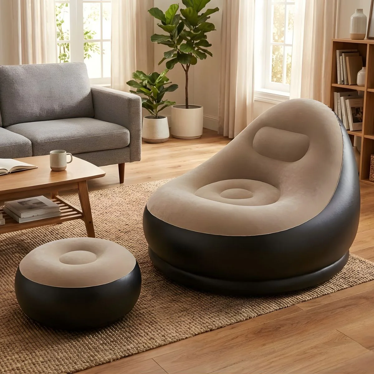 Sillón Inflable Con Reposapiés (62X31cm) Y Respaldo Con Bomba De Aire Manual. Sofá Inflable (125X105x100cm) Ergonómico Para Descanso.