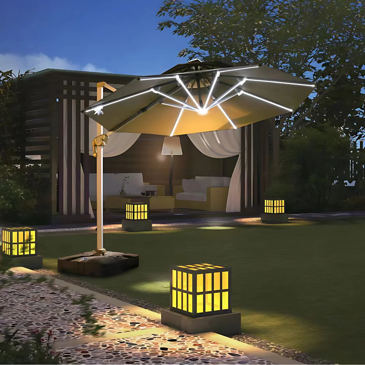 Sombrilla De Patio 3M Con Iluminación LED Integrada. Paraguas Para Jardin Exteriores Voladizo Con Doble Capa Superior. Color Crema. - Image 2