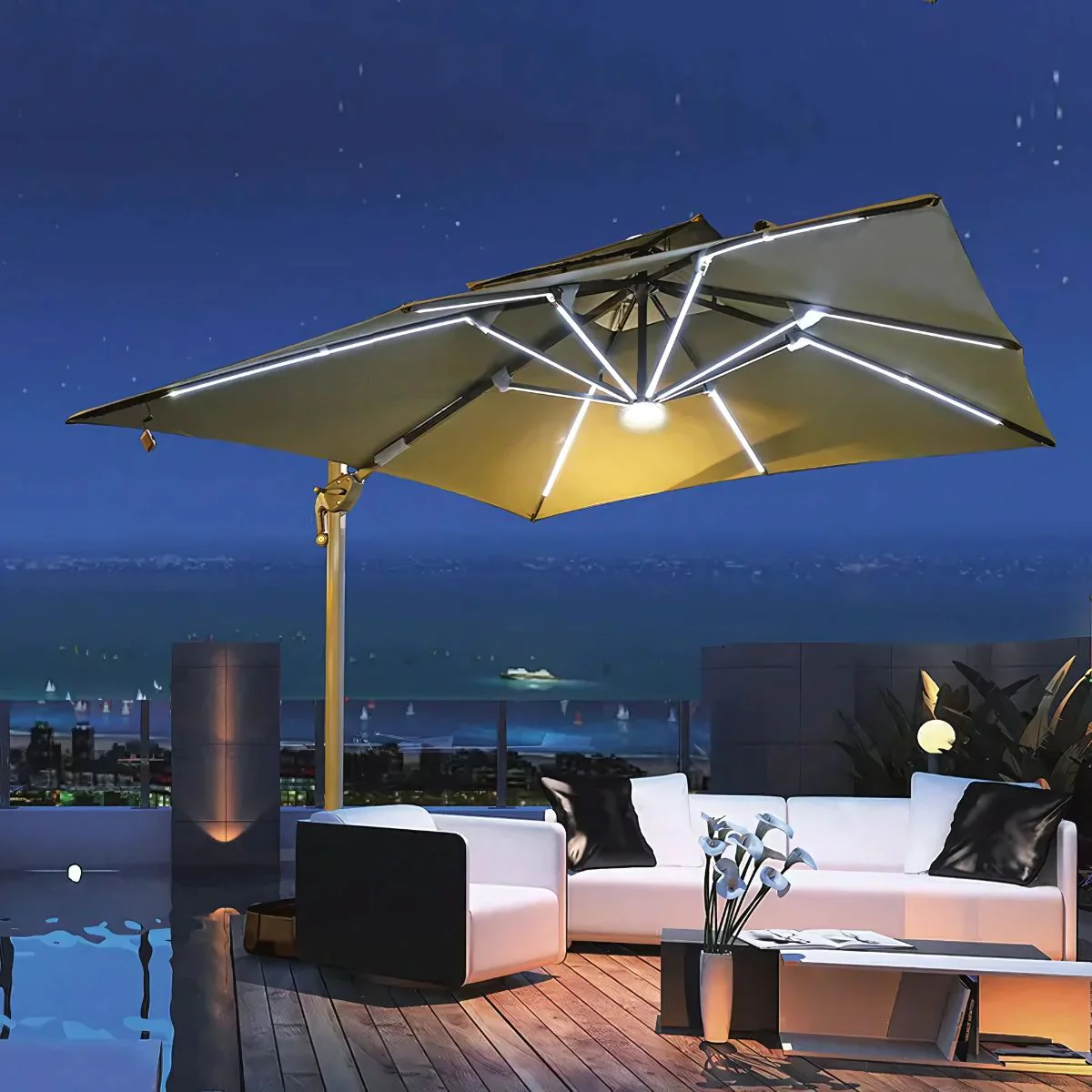Sombrilla De Patio 3M Con Iluminación LED Integrada. Paraguas Para Jardin Exteriores Voladizo Con Doble Capa Superior. Color Crema. - Image 5