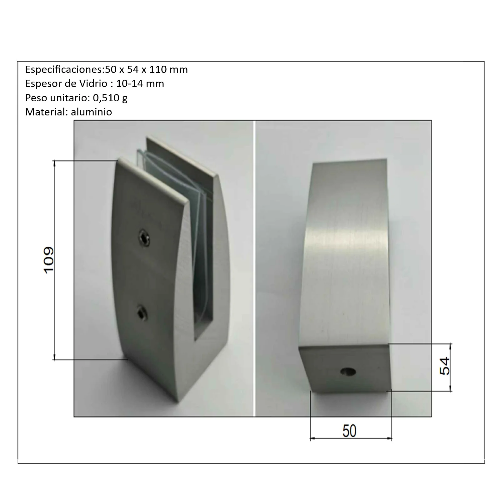 Soporte Clip Para Barandas De Vidrio 10-14 Mm. Aluminio Satinado - Image 4