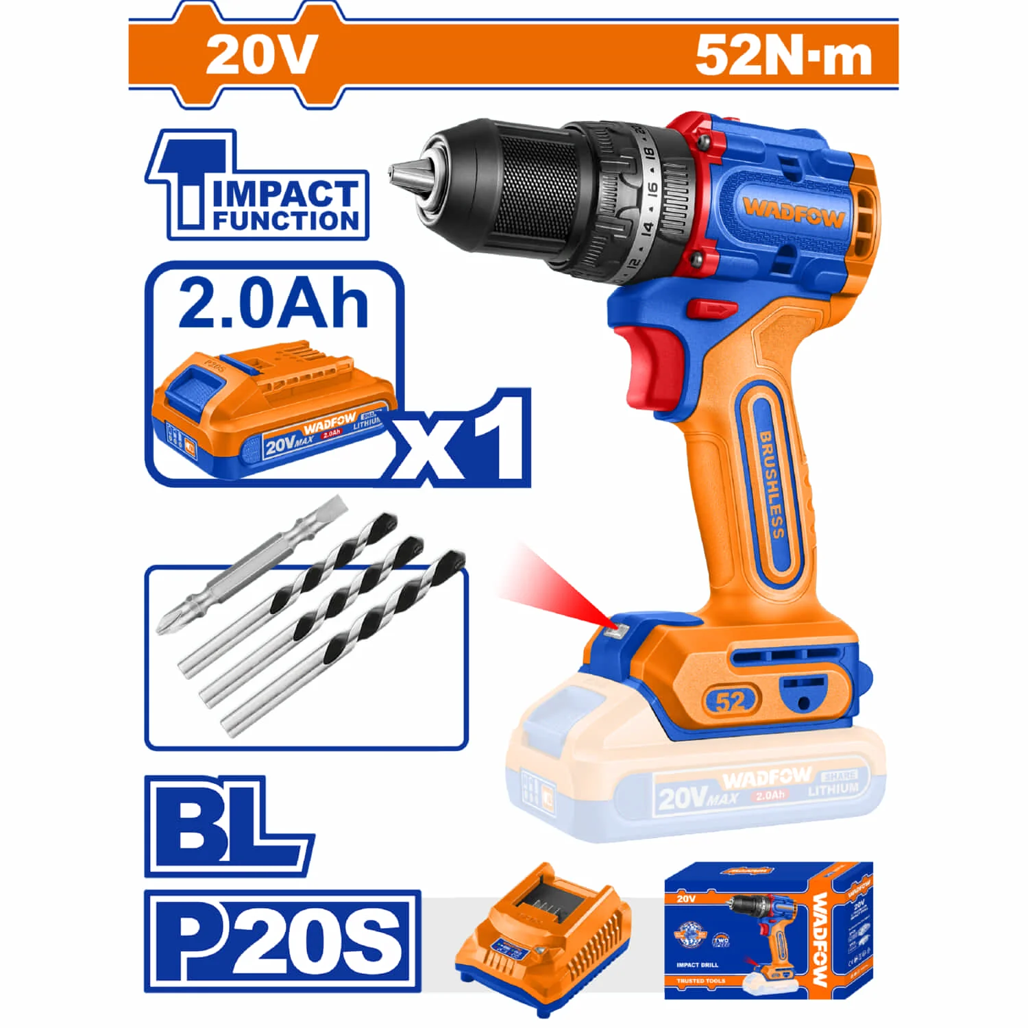 Drill Taladro De Impacto ½” 20V 52Nm 30000Bpm Motor Sin Escobillas. Incluye Batería 2.0Ah Y Cargador.