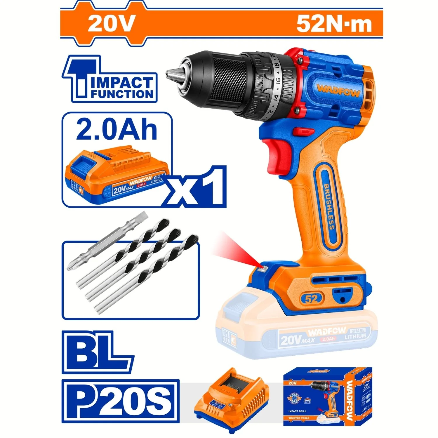 Drill Taladro De Impacto ½” 20V 52Nm 30000Bpm Motor Sin Escobillas. Incluye Batería 2.0Ah Y Cargador. - Image 2