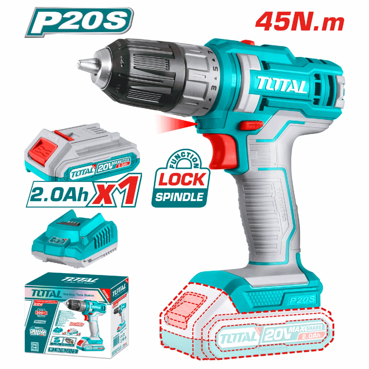 Taladro Drill Inalámbrico 20V De 3/8" 45Nm 0-1500Rpm. Incluye Batería Y Cargador.