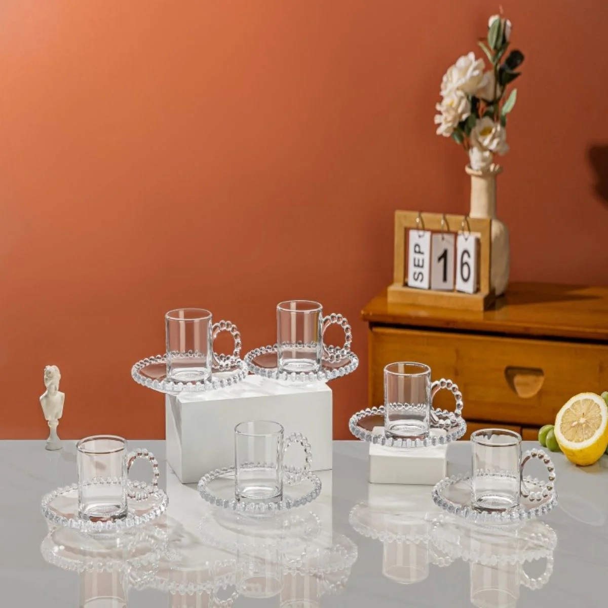 Tazas De Vidrio Con Platillo Y Asa Decorativa. Vaso De Vidrio Elegante Para Café, Espresso Y Té (Set De 12 Piezas) 200Ml