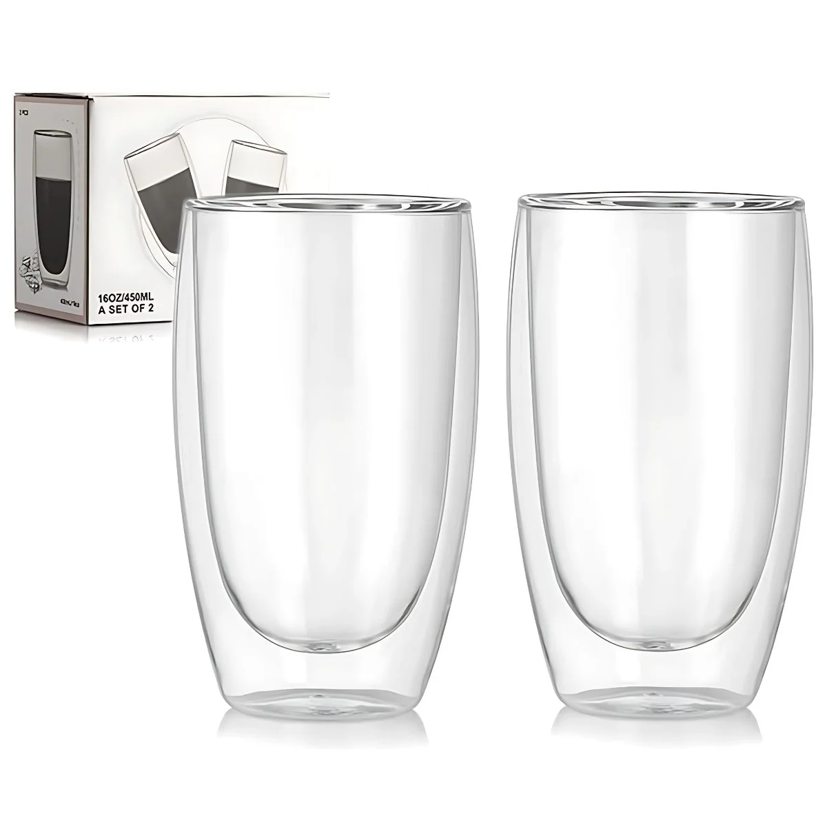 Tazas Vasos De Vidrio Con Doble Pared 450 Ml (15.2 Oz). Para Café, Té, Cervezas O Bebidas Frías Y Calientes. (Set De 2 Piezas)