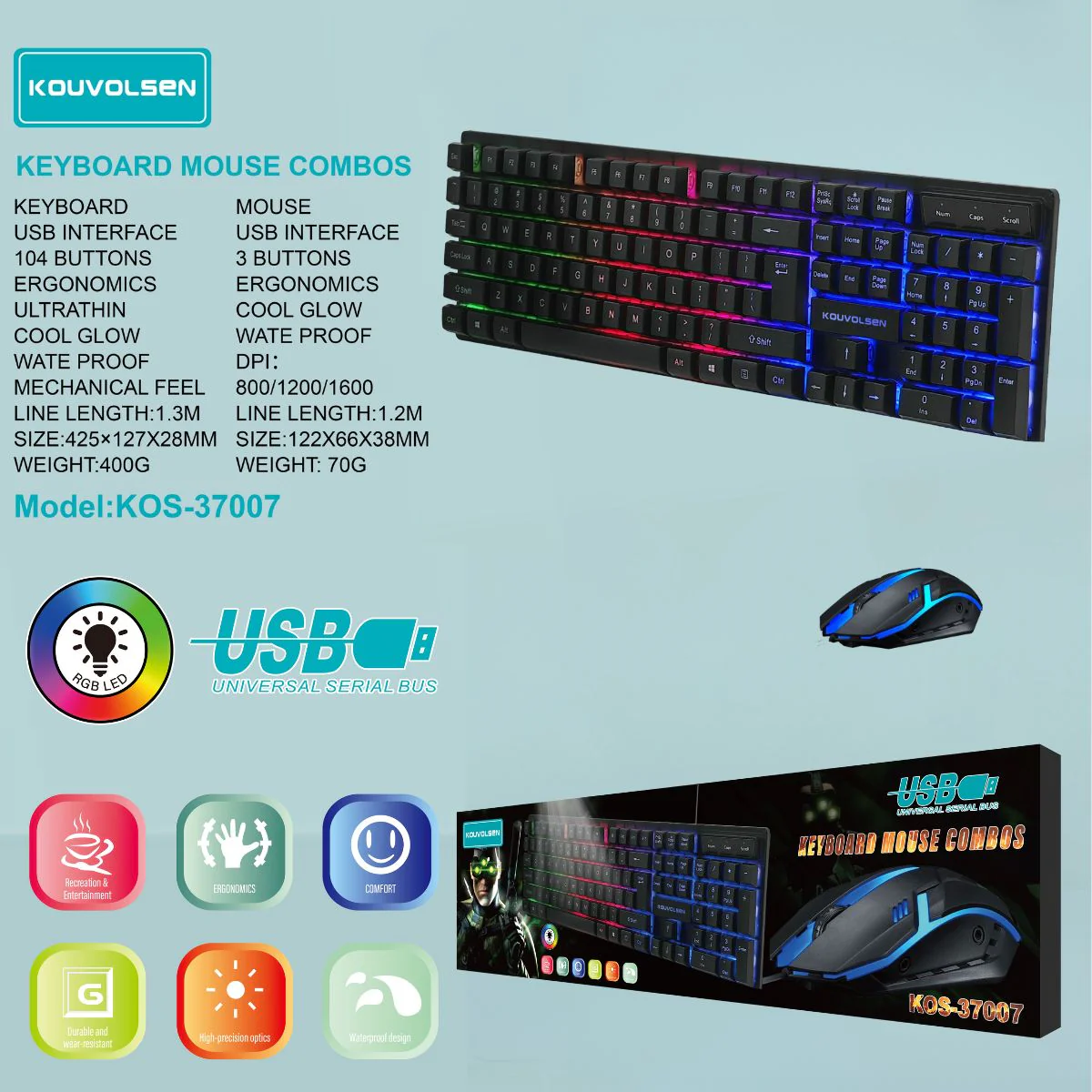 Teclado Y Mouse Gamer Con Iluminación RGB. Sensación Mecánica, USB, Diseño Ergonómico Y Resistente Al Agua.