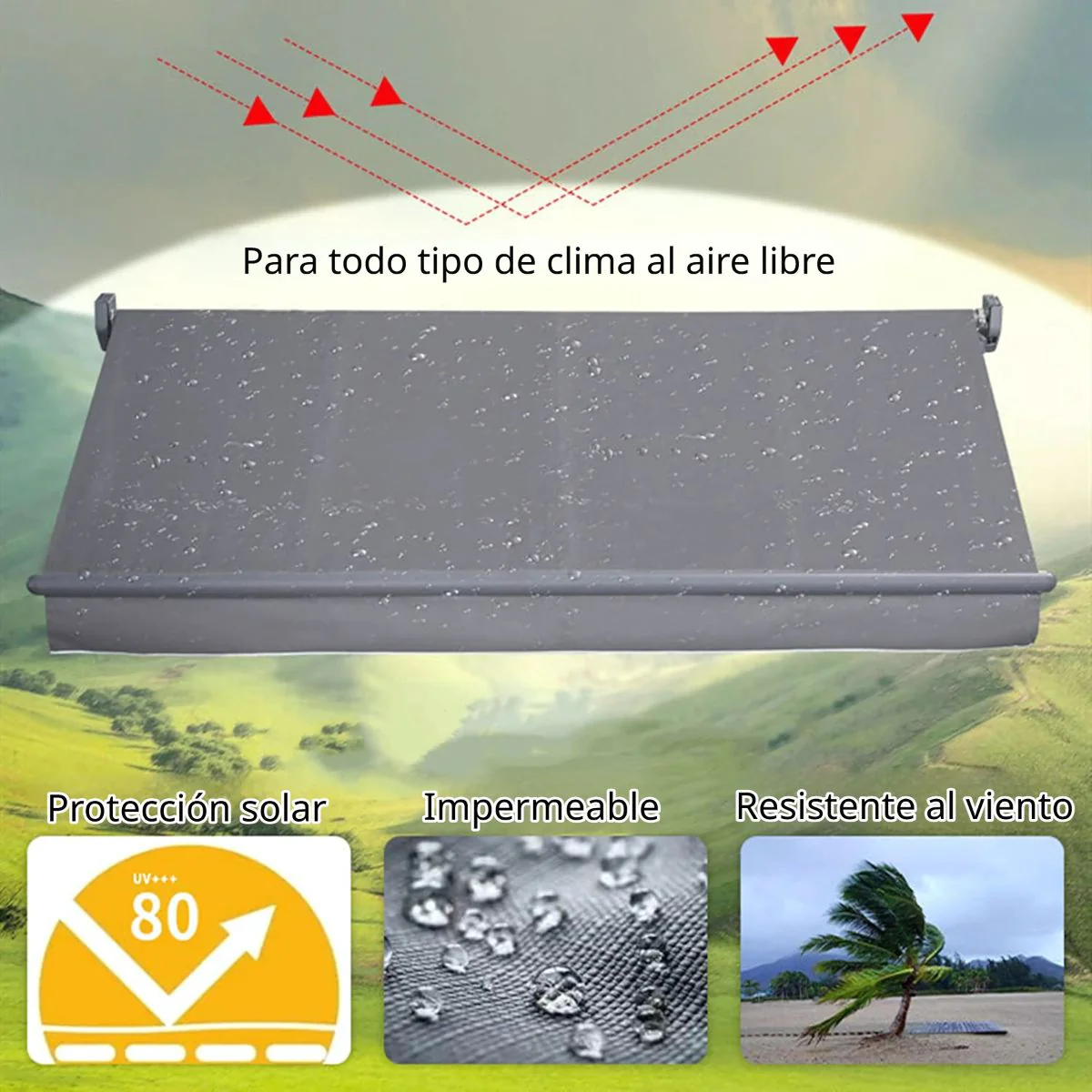 Toldo Retráctil Manual 3 X 2M. Tolda Gazebo Color Gris. Carpa Impermeable Con Protección UV Y Brazo De Aluminio Reforzado. - Image 3