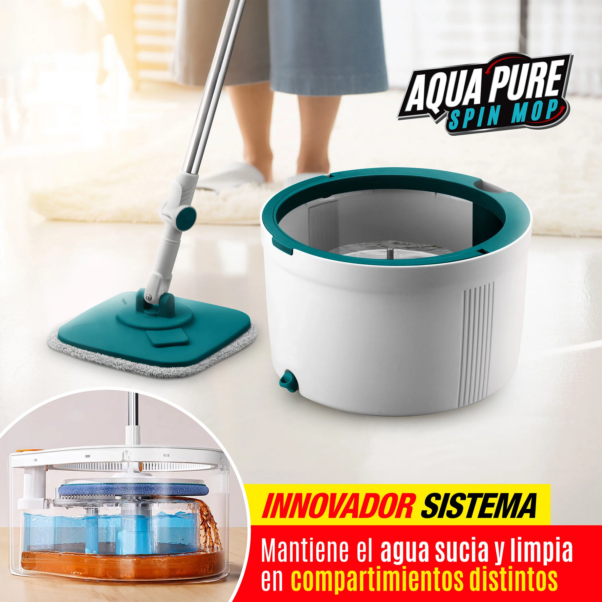 Trapeador Spin Mop Aqua Pure Giratorio Con Tina Separadora De Agua Limpia Y Sucia De 3 Lts - Image 4