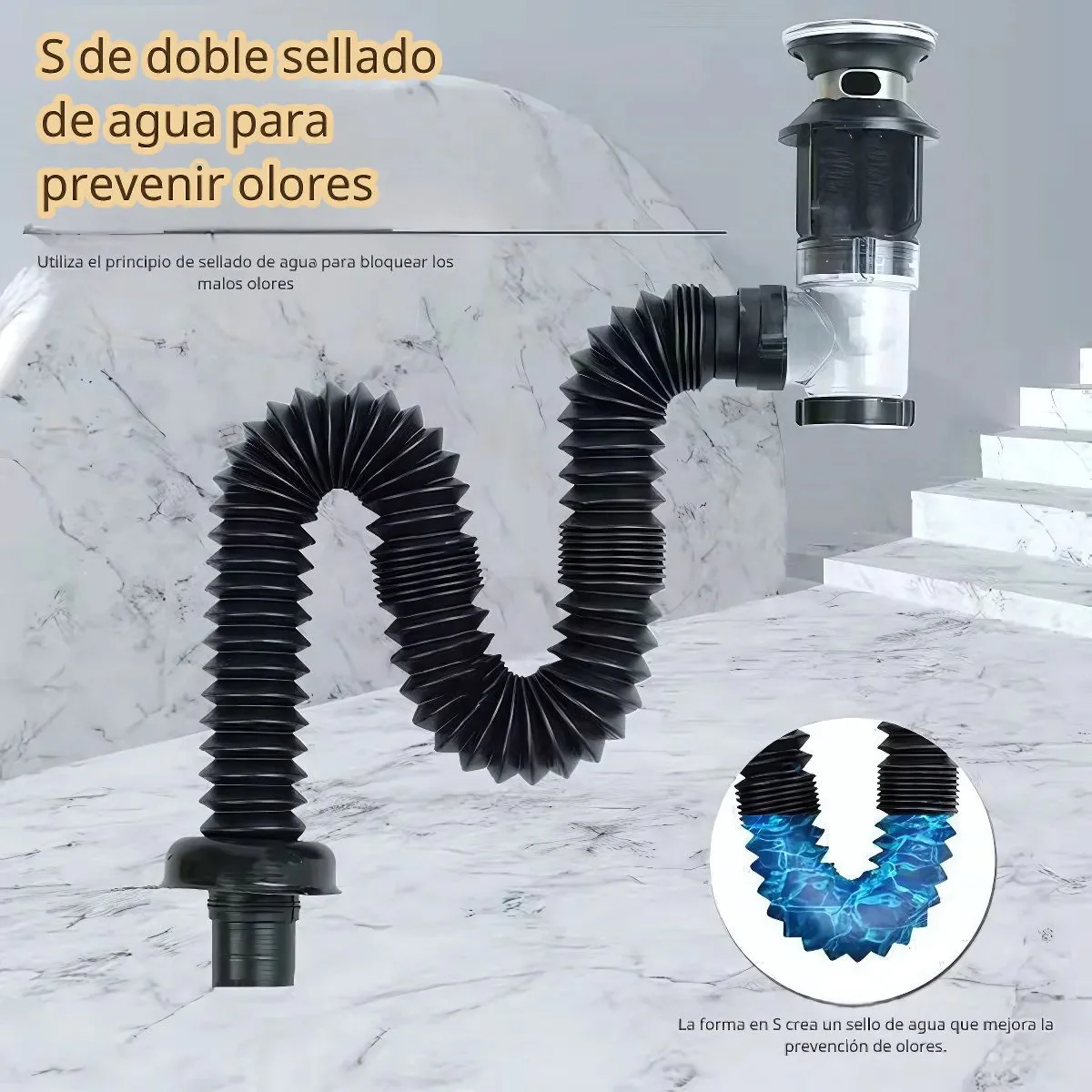 Tubo De Desague Drenaje Flexible En S Con Válvula Antirretorno. Manguera De Desagüe Para Lavamanos, Fregadero, Lavabos. Previene Olores. - Image 2