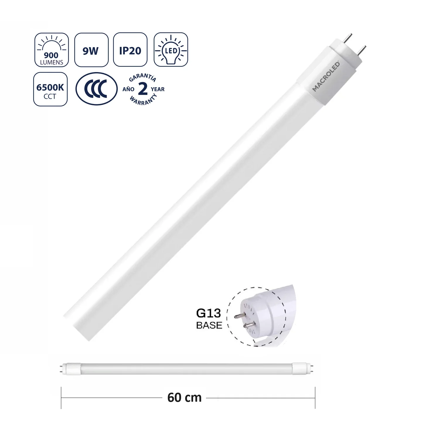 Tubo LED T18 9W 6500K Luz Fría, 900Lm, Base G13 Ahorro Energético Y Luminosidad Homogénea, 598X26 Mm