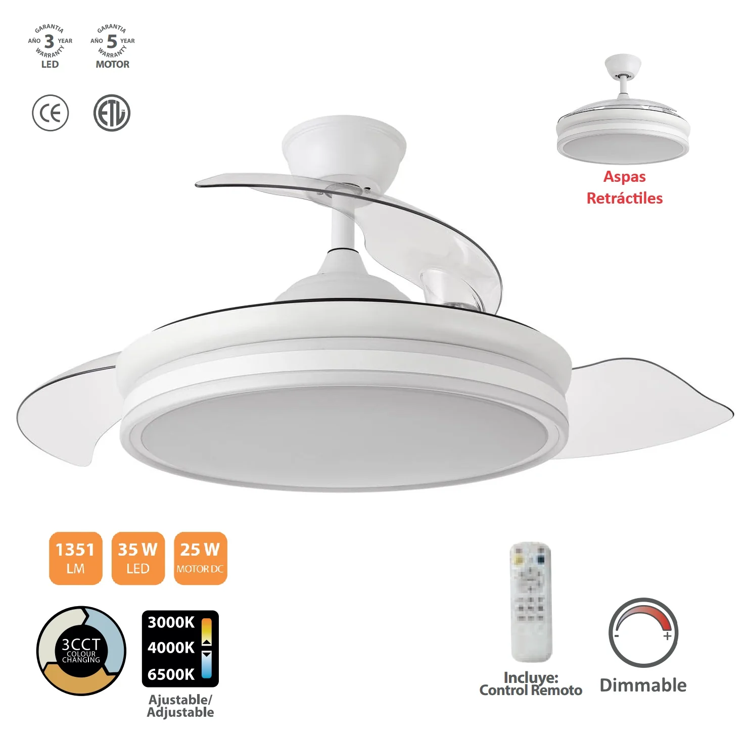 Abanico De Techo Ventilador LED Blanco Retráctil CCT 35W 1066Mm Elegante Y Funcional. 1350 Lumens