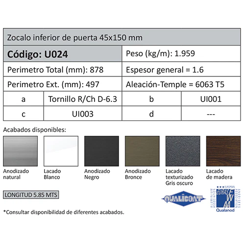 Zocalo Inferior Puerta. Espesor 1.6 Mm. Largo 5.85 Mts. Acabado Anodizado Silver 15 Micron. - Image 2